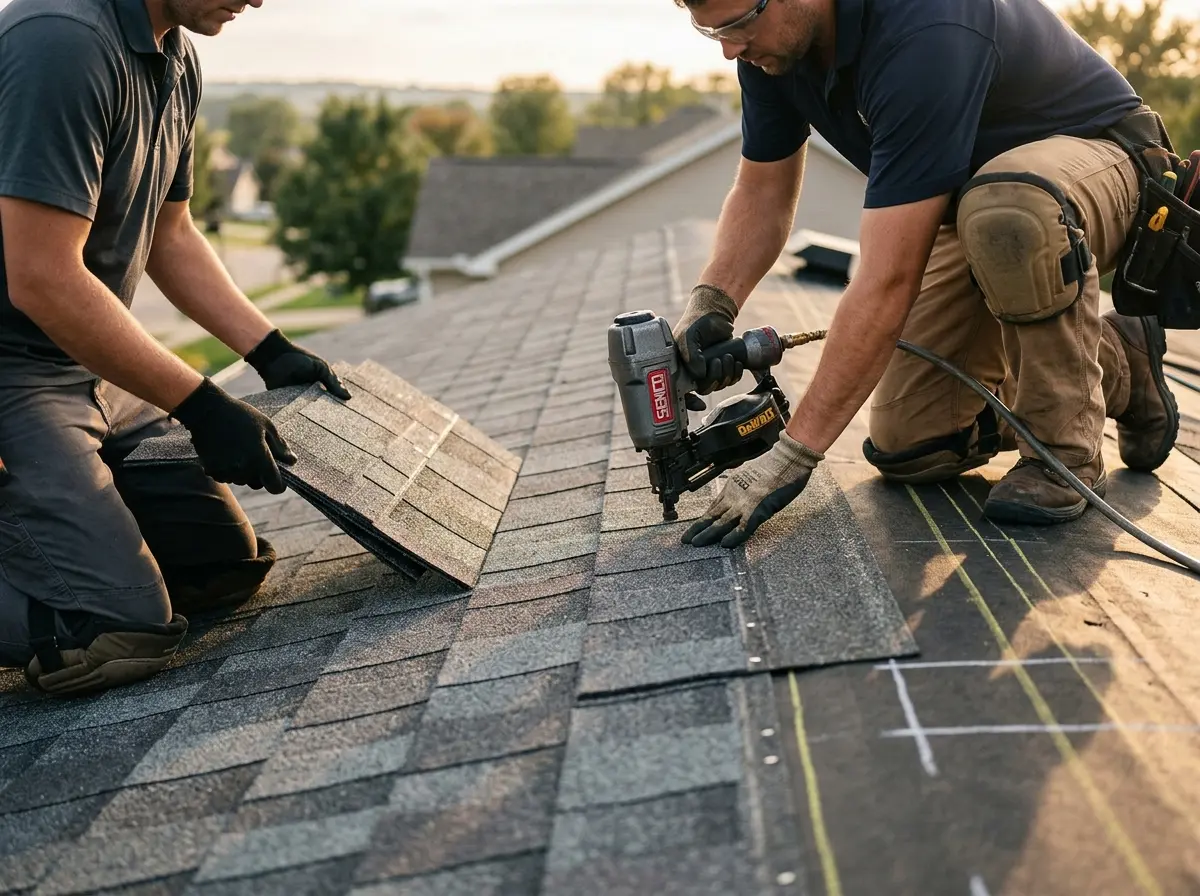 Professional roofer working on a residential roof in Highland Heights
